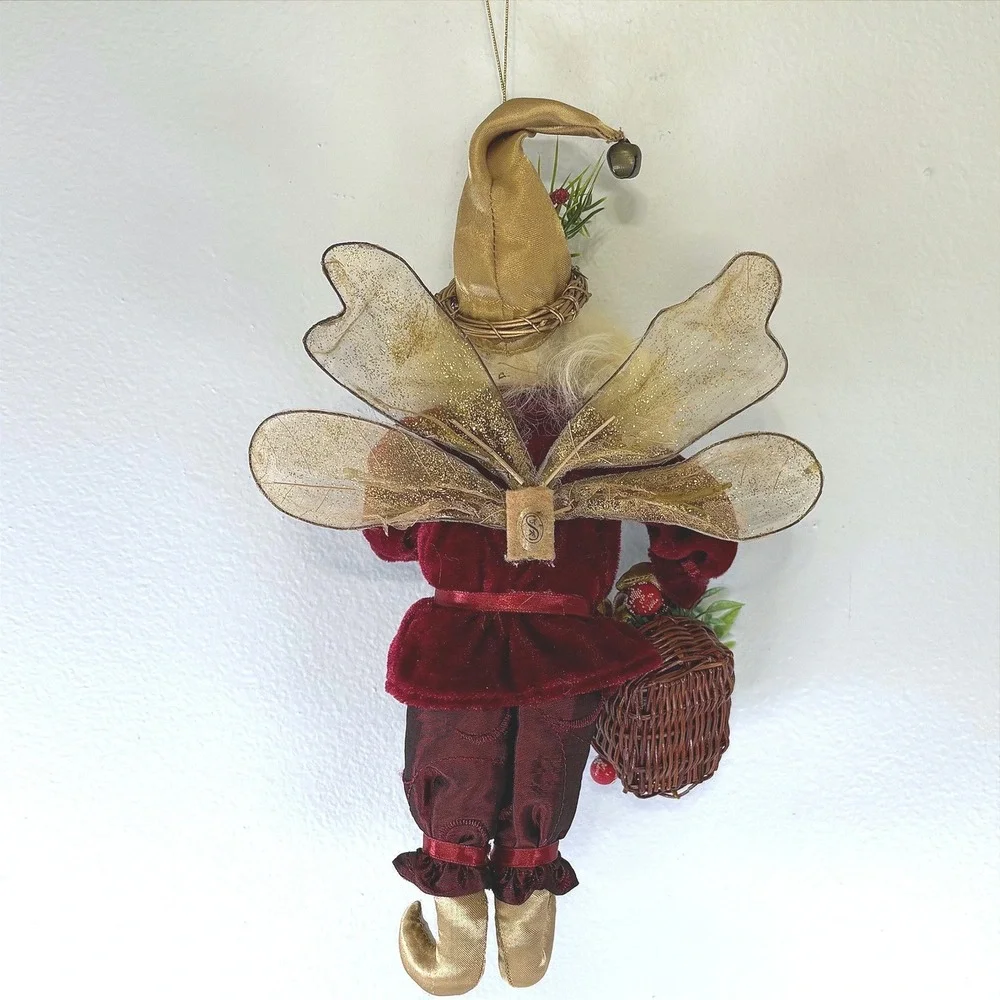 Seasons of Cannon Falls Burgundy Velvet Christmas Elf Fairy Ornament Posable 12